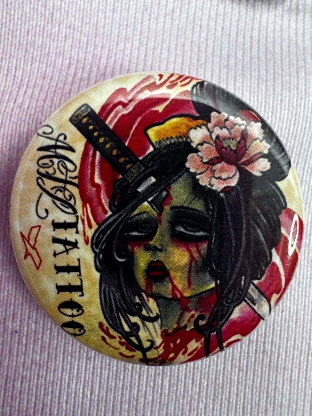 PIN tattoo style Brand Black and Red Samurai Floral Art Button